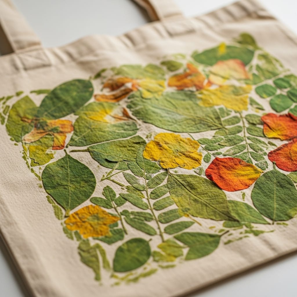Tote bag de algodón con estampado ecoprint de hojas y flores naturales, técnica artesanal sostenible.