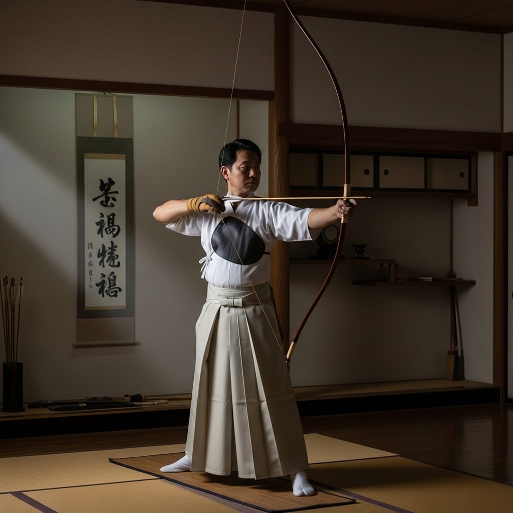 Hombre japonés practicando Kyudo con yumi y hakama