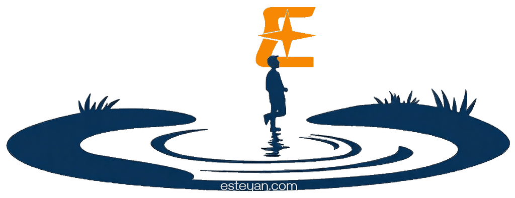 Logo Esteyan: figura con un pie en tierra y otro en lago, con una "E" en forma de estrella que simboliza el origen (Este) y la calma.