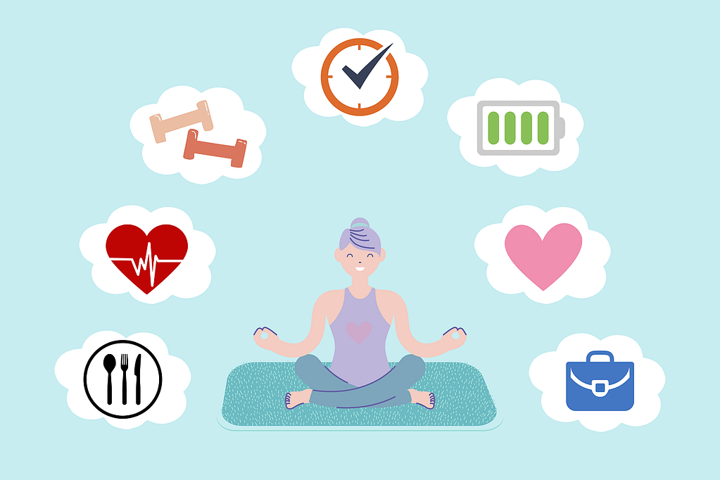 Mujer meditando ojos cerrados mudra gestión estrés iconos