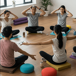 Grupo de personas meditando y practicando ejercicios de relajación en una formación para combatir el estrés.