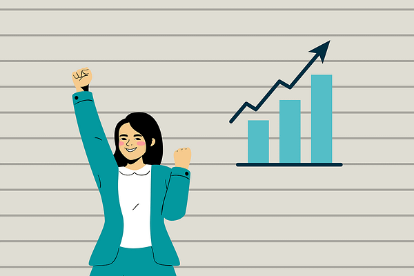 Mujer sonriente en traje verde mostrando puños cerrados con gráfica de resultados positivos, simbolizando logro y energía en un fondo de estor gris.