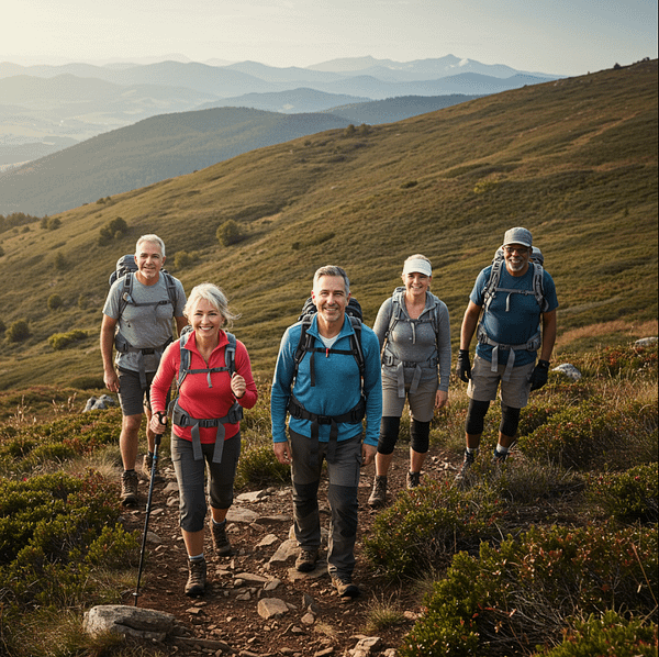 Grupo de cinco personas de mediana edad haciendo senderismo en la montaña.