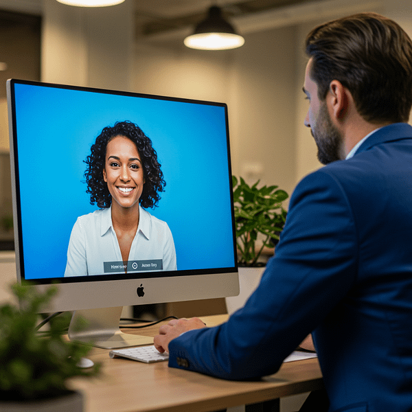 Mujer sonriendo en videollamada de coaching online con hombre trabajando en su ordenador.